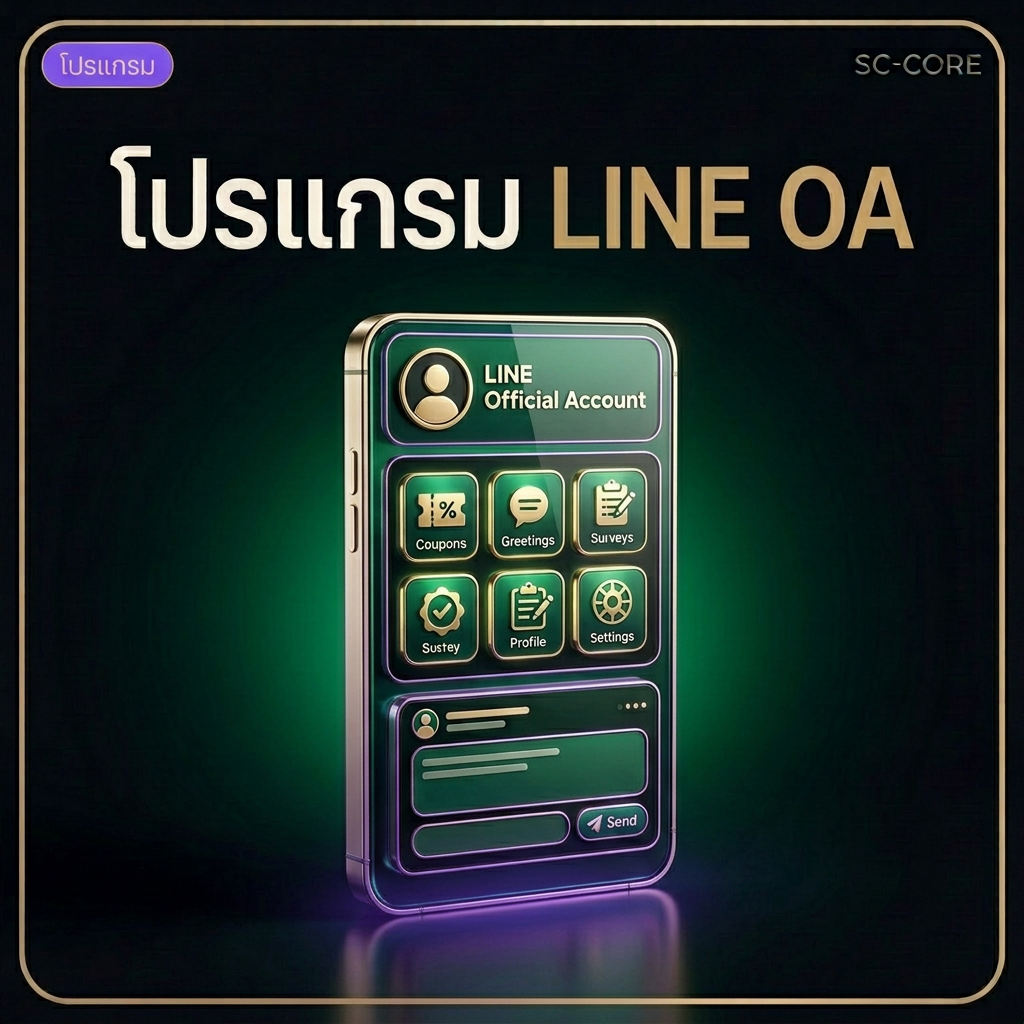 โปรแกรม LINE OA ภาพดิจิทัลพรีเมียมสีม่วงอเมทิสต์กรอบทองมุมโค้ง
