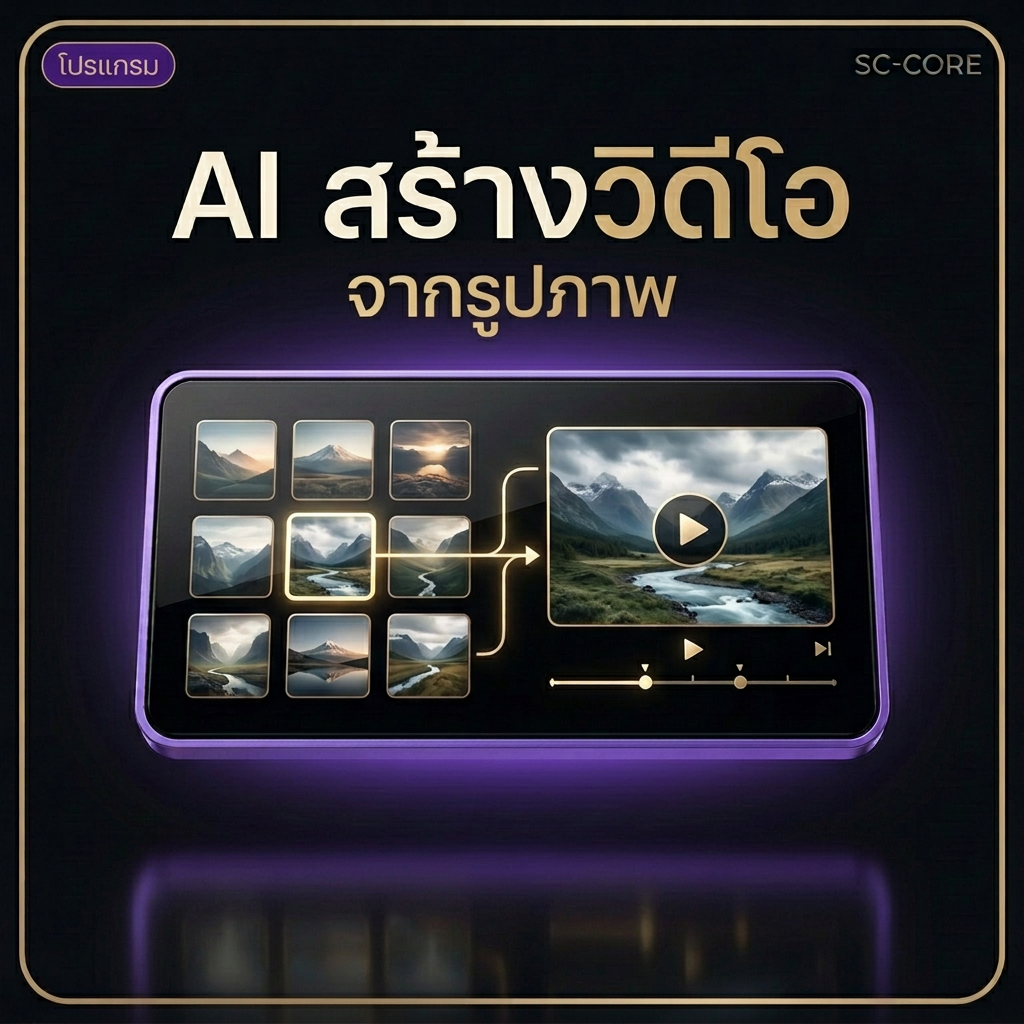 โปรแกรม AI สร้างวิดีโอจากรูปภาพ ดิจิทัลพรีเมียมสีม่วงอเมทิสต์กรอบทองมุมโค้ง